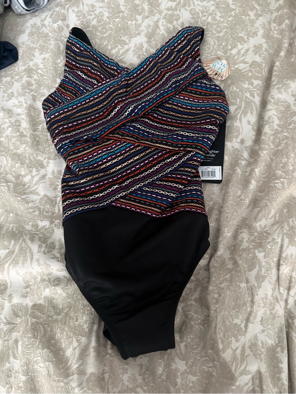 Black One-Piece Swimsuit with Multicolor Striped Bodice